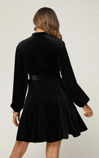 Velvet High Neck Long Sleeve Button Down Mini Dress In Black