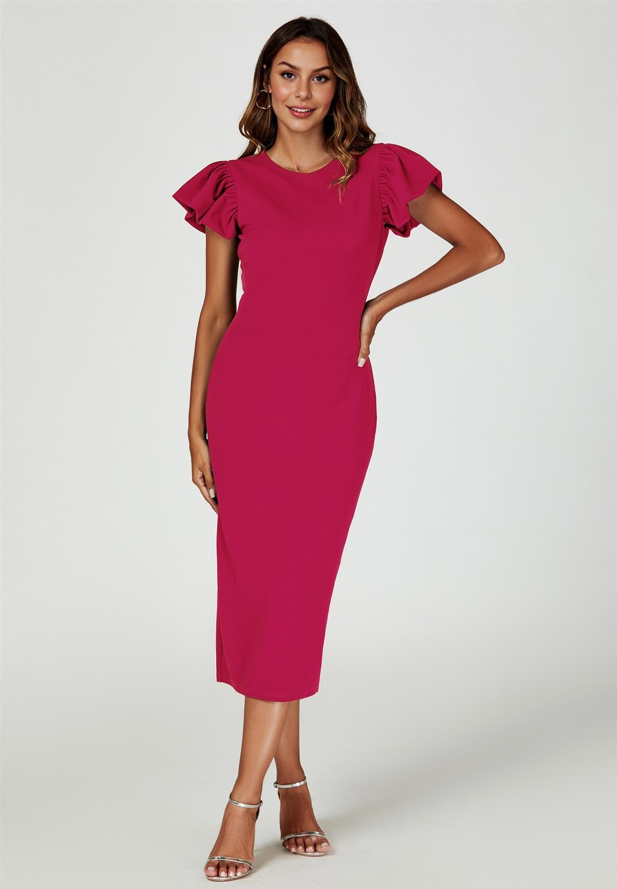 Volume Sleeve Bodycon Midi Dress In Fuchsia