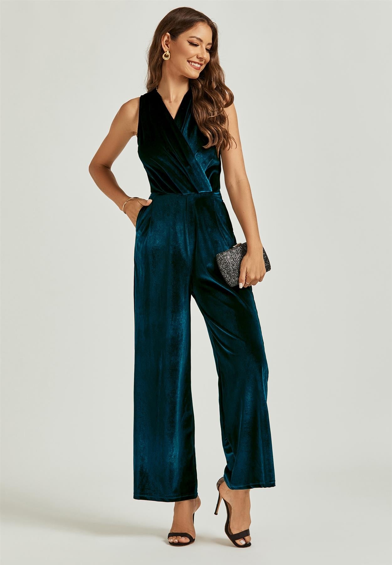Velvet Wrap Jumpsuit In Teal
