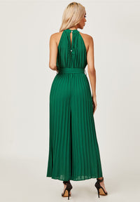 Halter Neck Pleated Jumpsuit In Green