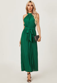 Halter Neck Pleated Jumpsuit In Green