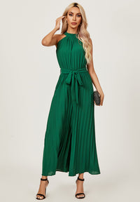 Halter Neck Pleated Jumpsuit In Green