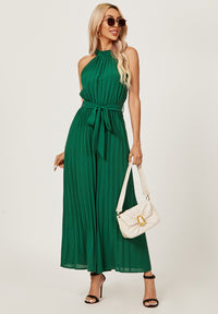 Halter Neck Pleated Jumpsuit In Green