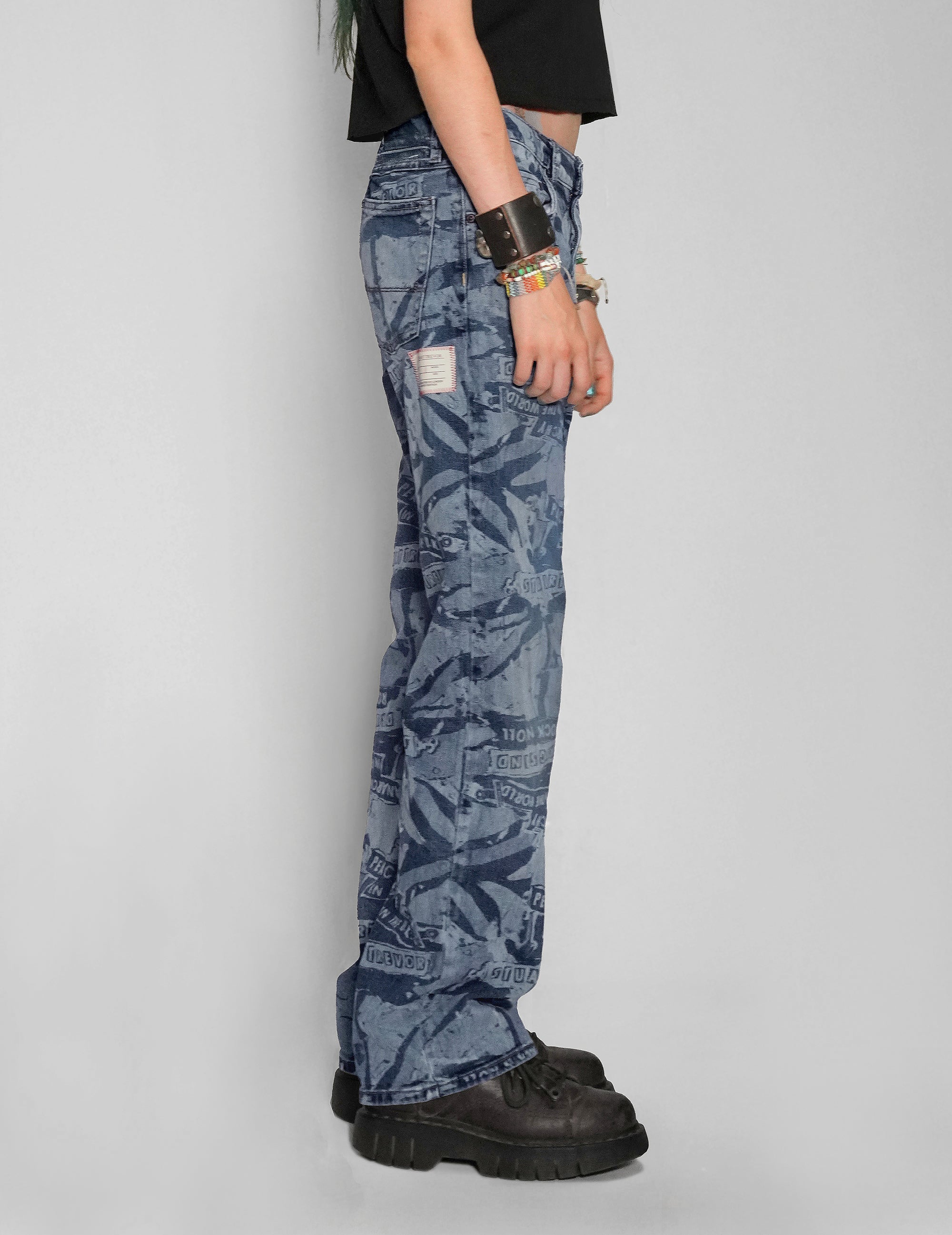 'Peace' Laser Print Vintage Jeans in Blue