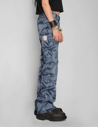 'Peace' Laser Print Vintage Jeans in Blue