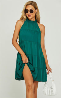 Tie Back Frill Halter Neck Mini Layer Dress In Green