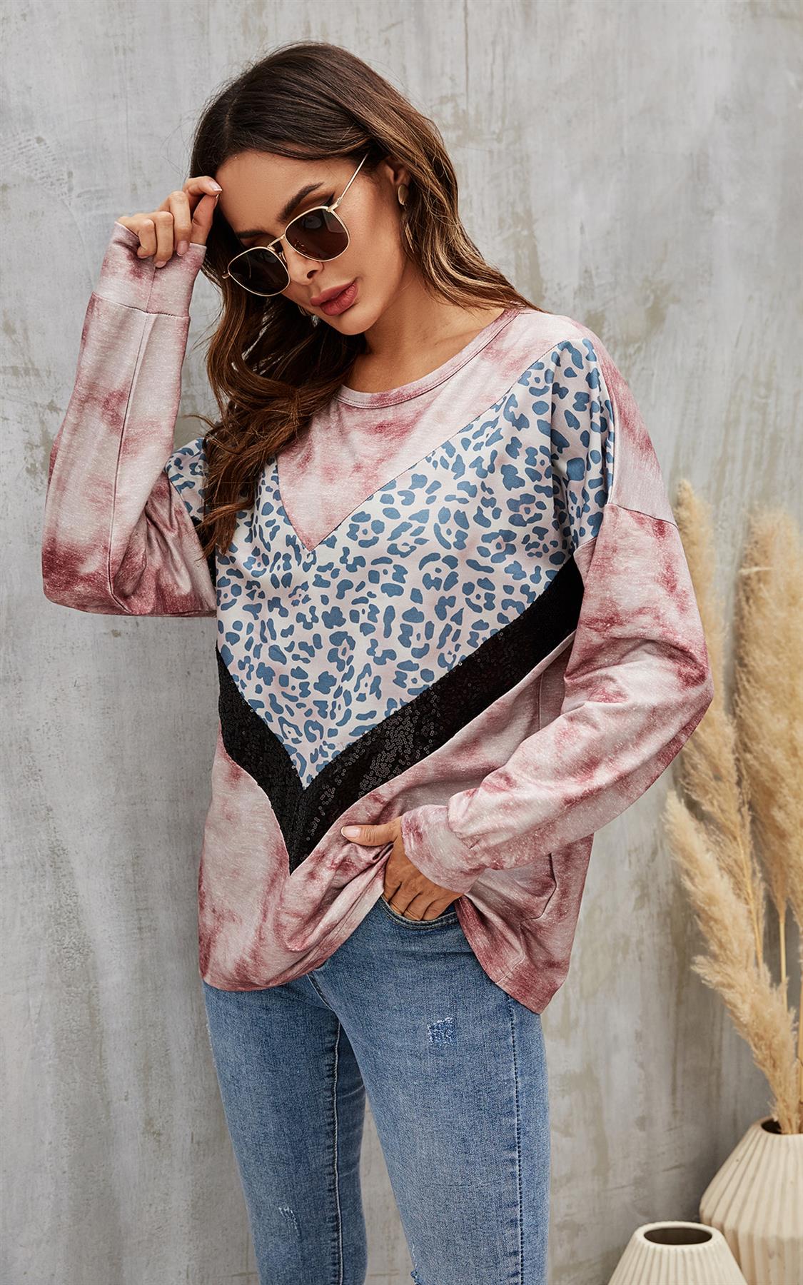 Animal Print & Sequin Black Striped Top In Pink Pastel Tie Dye