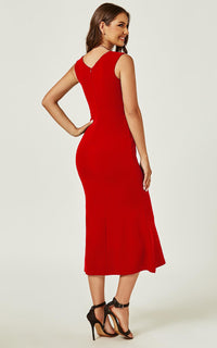 Bardot Pleated Midi Dress In Red
