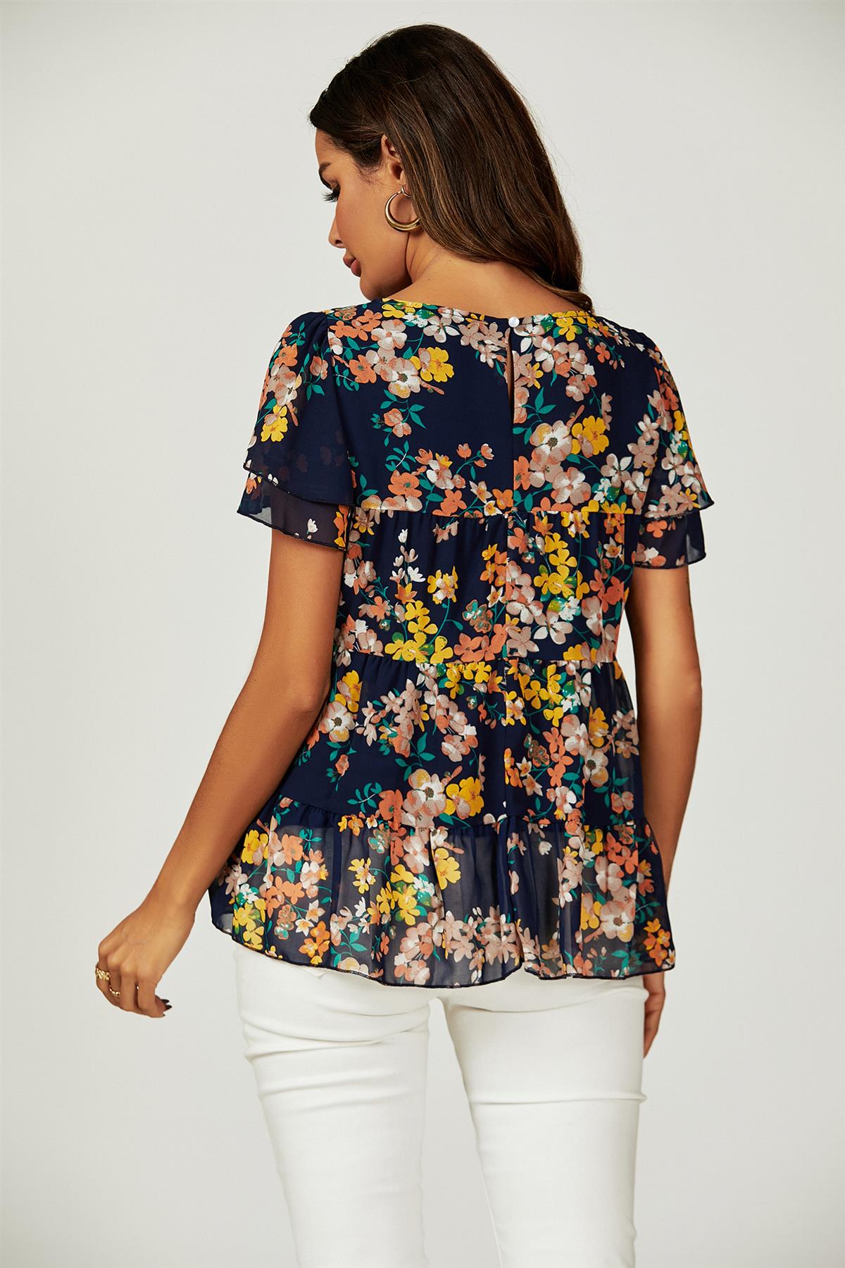 Floral Print Hem Tiered Smock Short Sleeve Blouse Top In Navy
