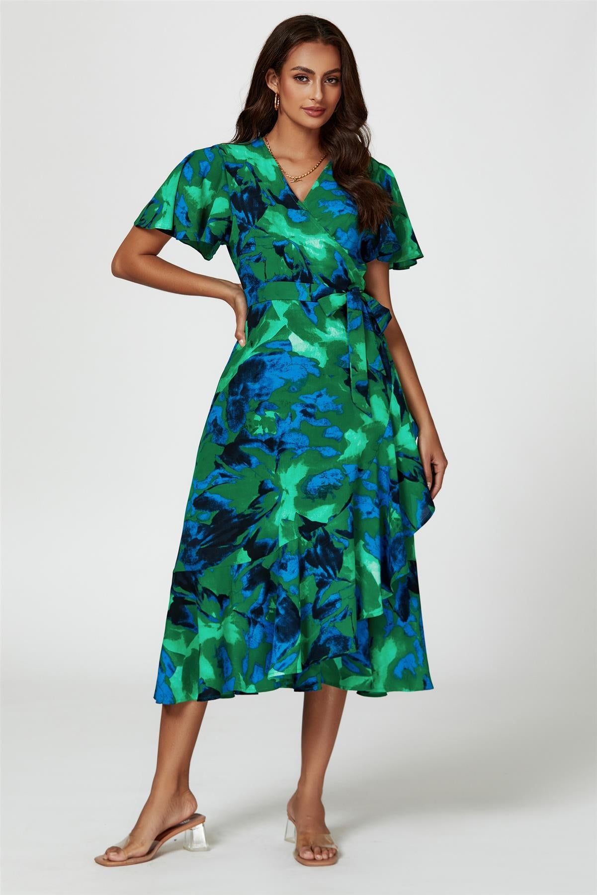 Abstract Print Midi Wrap Dress In Green