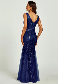Sequin Leaf Detailed V Neck Bridesmaid Maxi Dress In Navy