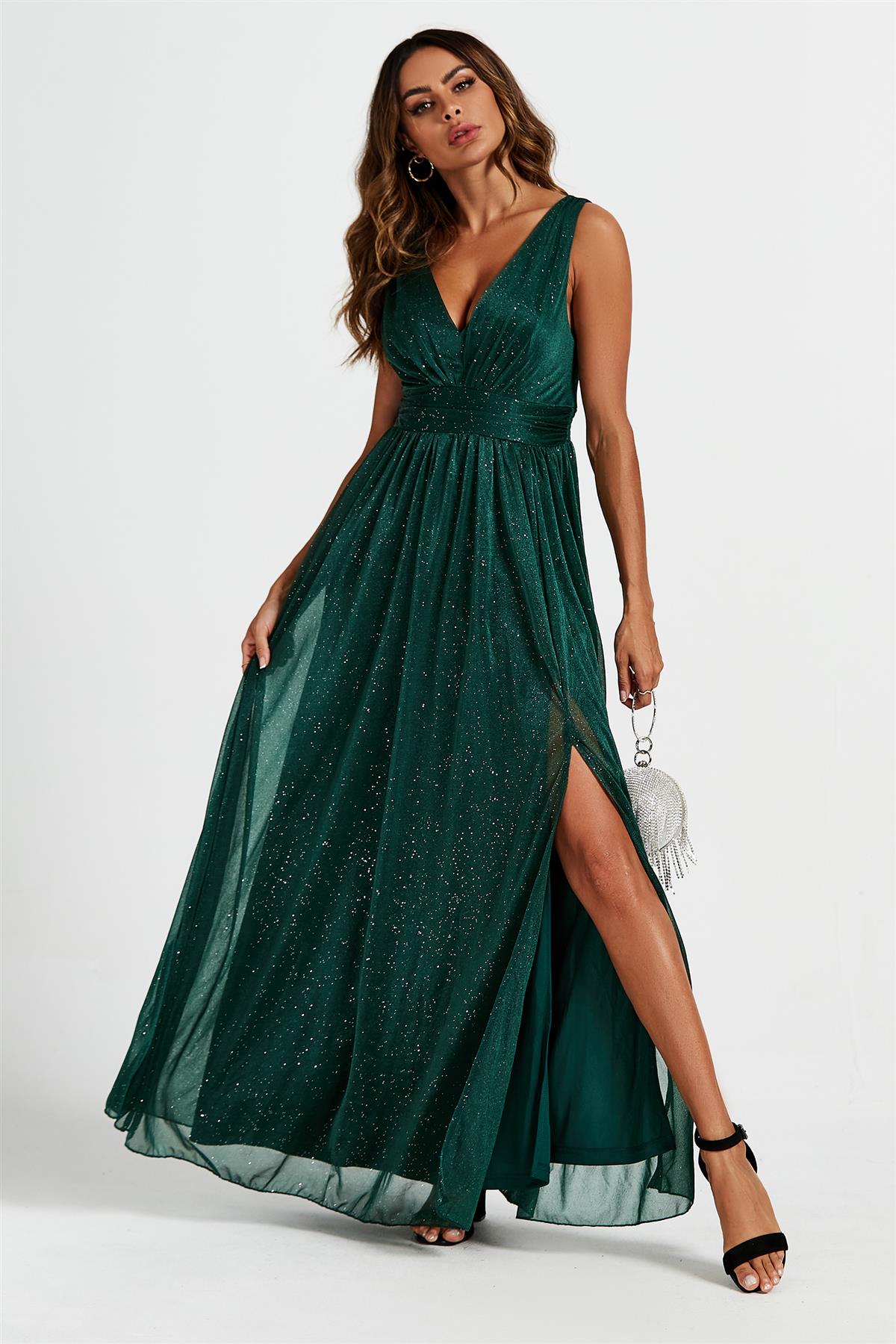Sparkly V Neck Bridesmaid Maxi Dress In Green