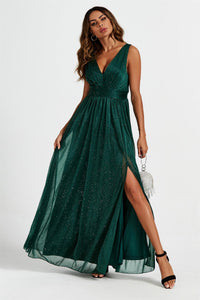 Sparkly V Neck Bridesmaid Maxi Dress In Green