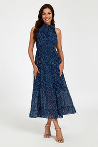 Dot Print Halter Neck Maxi Dress In Navy