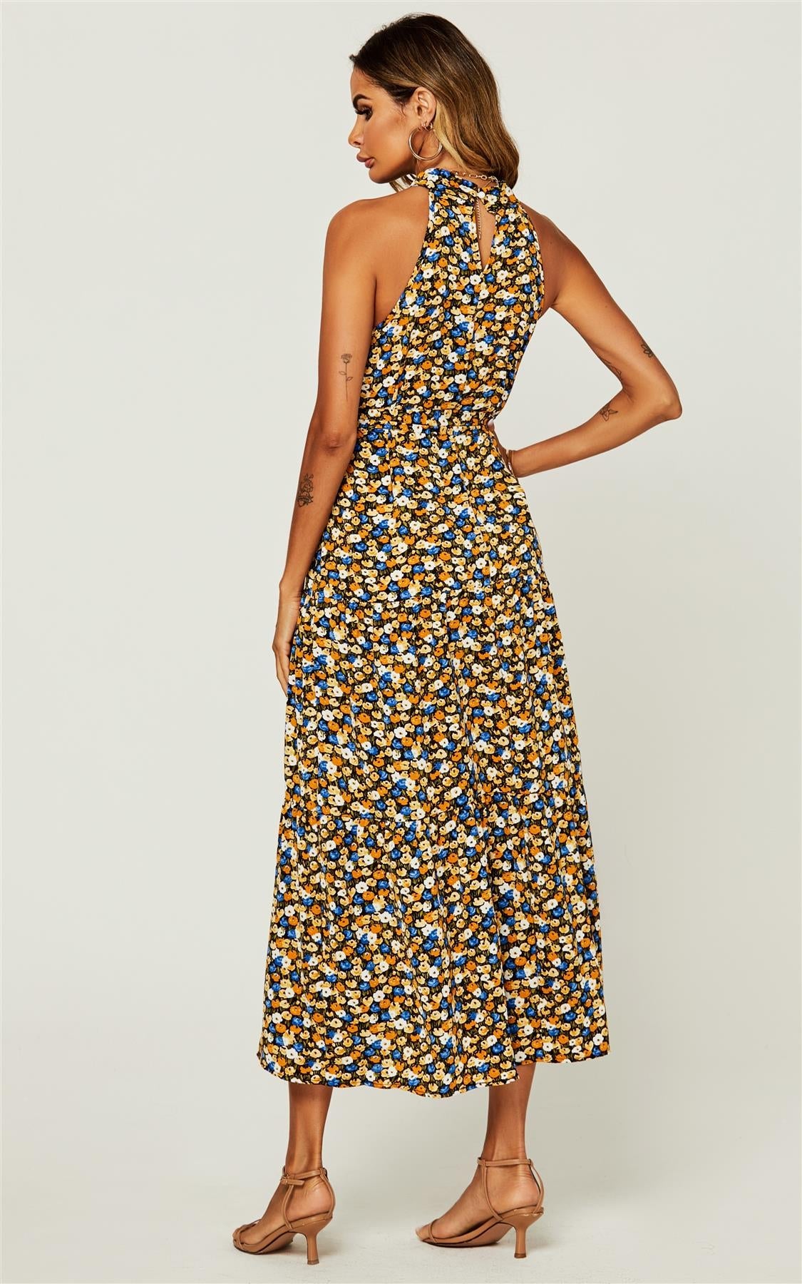 Flora Print Halter Neck Maxi Layer Dress In Black