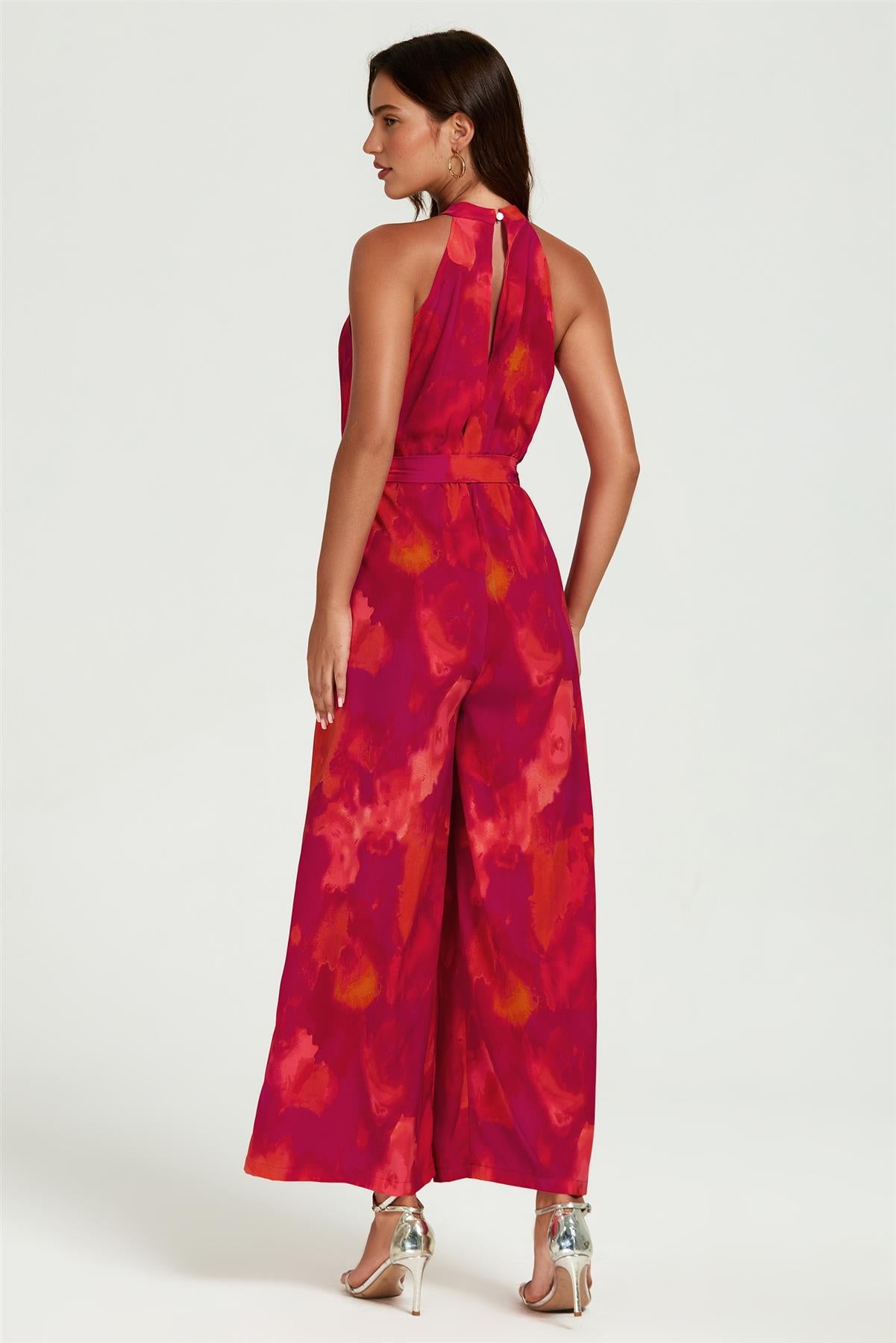 Abstract Print Halter Neck Jumpsuit In Red