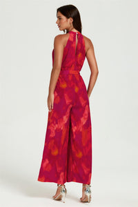 Abstract Print Halter Neck Jumpsuit In Red