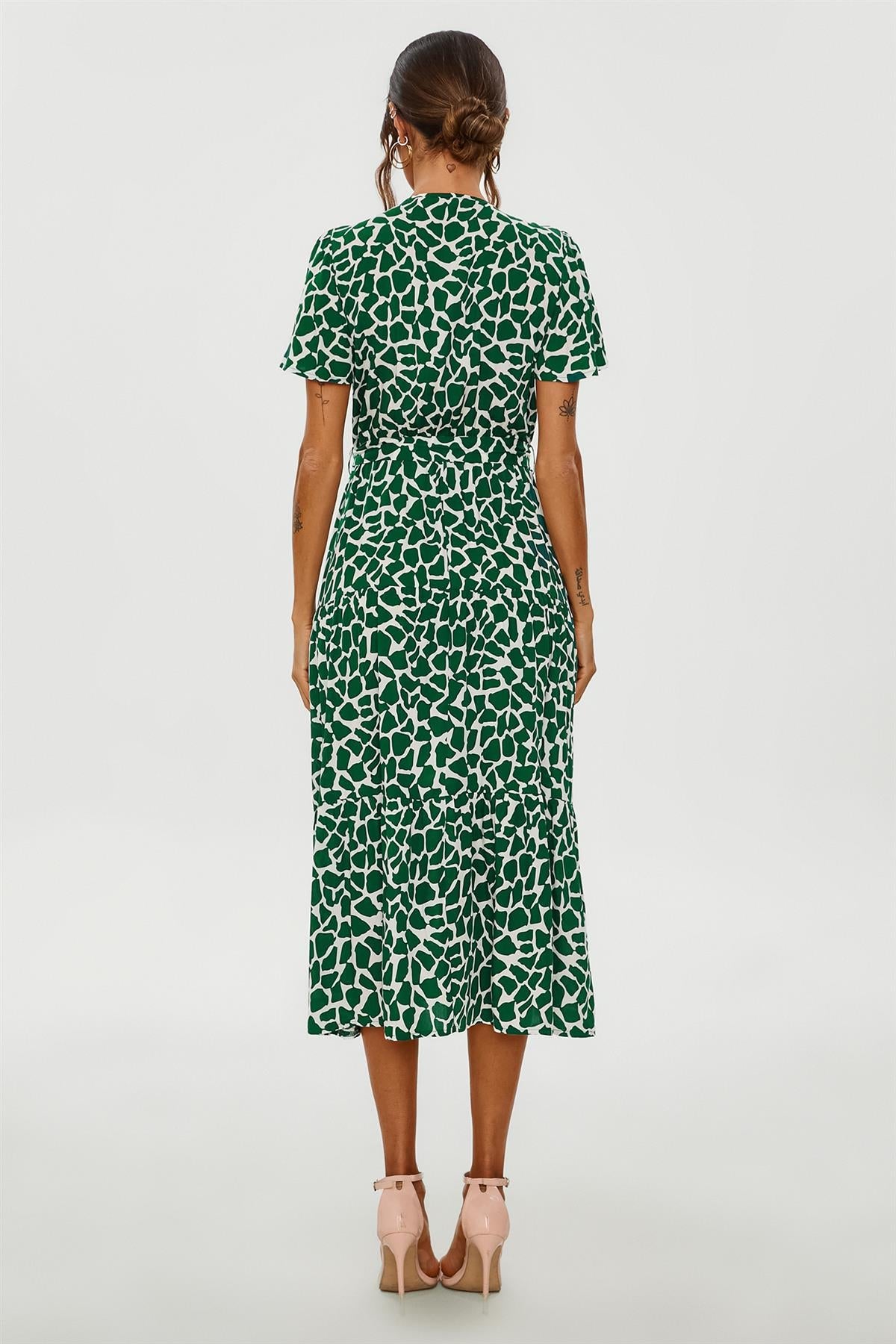 Geo Print Hem Tiered Wrap Midi Dress In Green