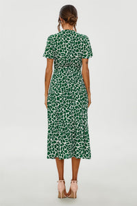 Geo Print Hem Tiered Wrap Midi Dress In Green