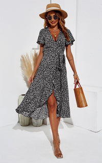 Floral Print Wrap Hem Midi Dress In Black