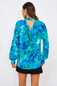Abstract Floral Print Halter Neck Blouse Top In Blue