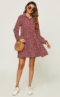 Button Front Long Sleeved Tiered Dress In Dark Red