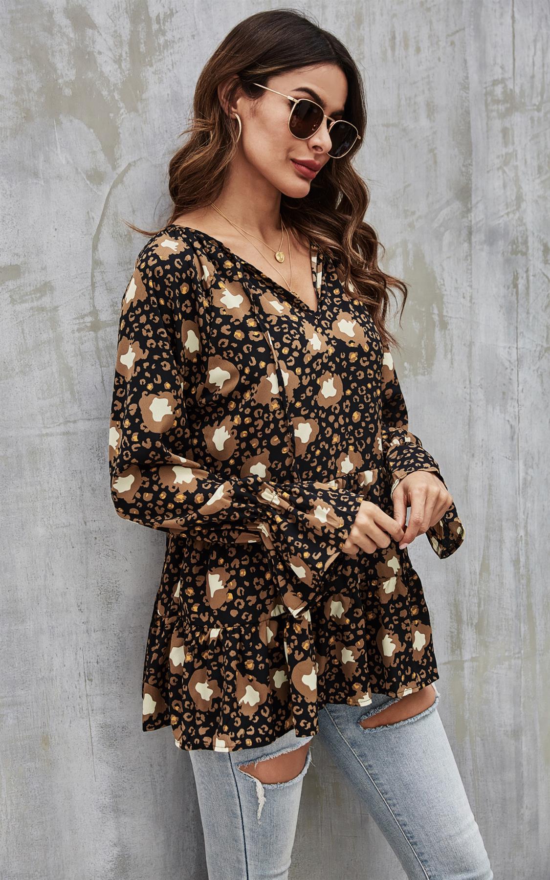 Gold Animal Print Smock Ruffle Top In Black