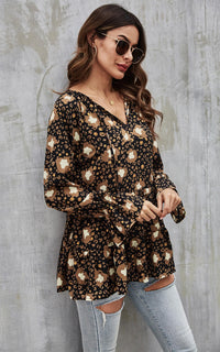 Gold Animal Print Smock Ruffle Top In Black