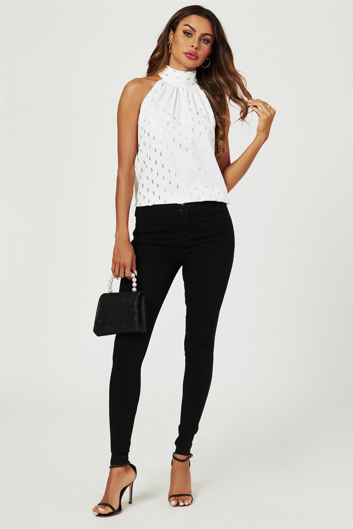 Silver Foil Halter Neck Tie Back Top In White