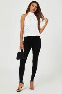 Silver Foil Halter Neck Tie Back Top In White