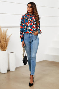 Floral Print Long Sleeve High Neck Top In Blue