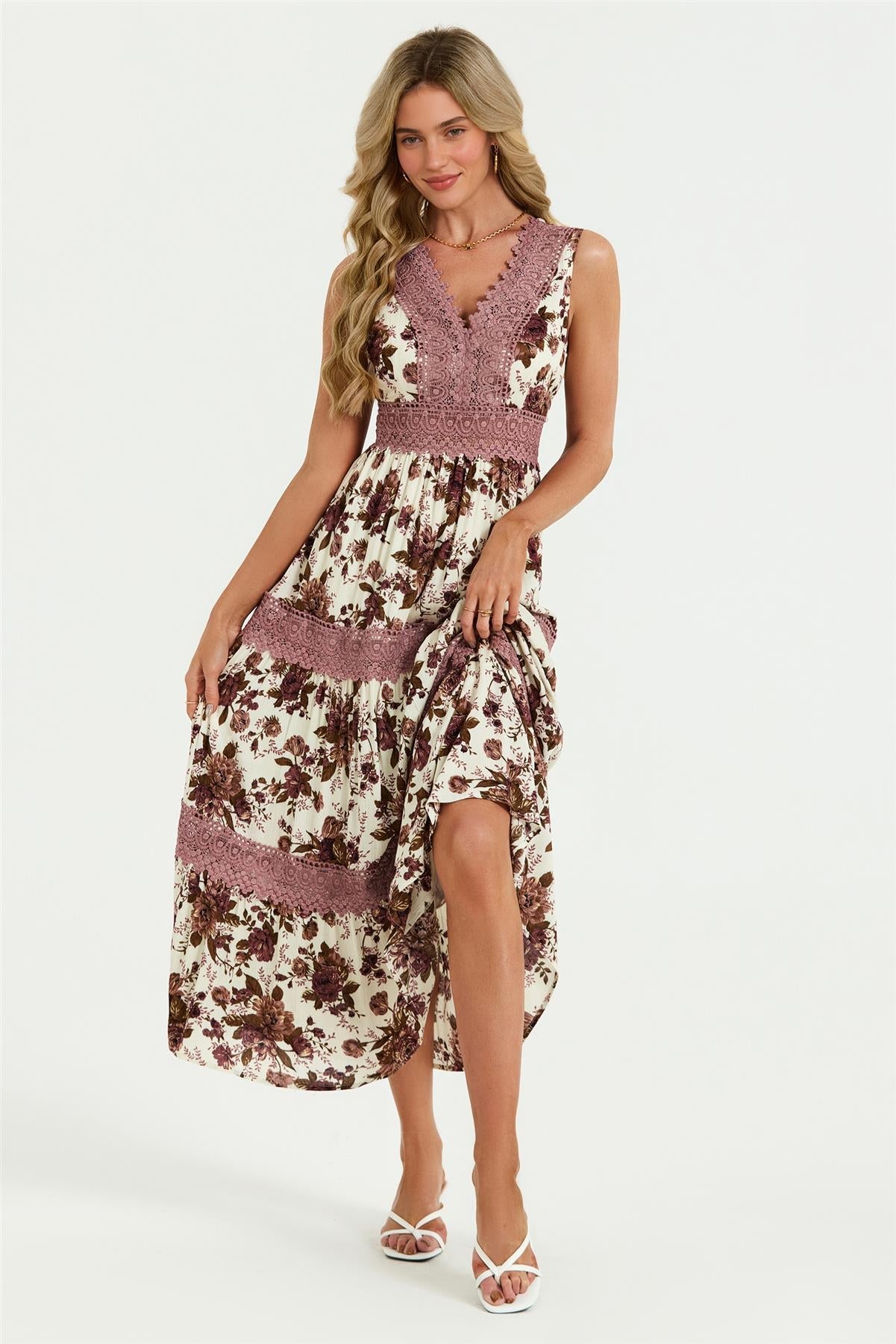 Floral Print Lace Detail Maxi Dress In Off White