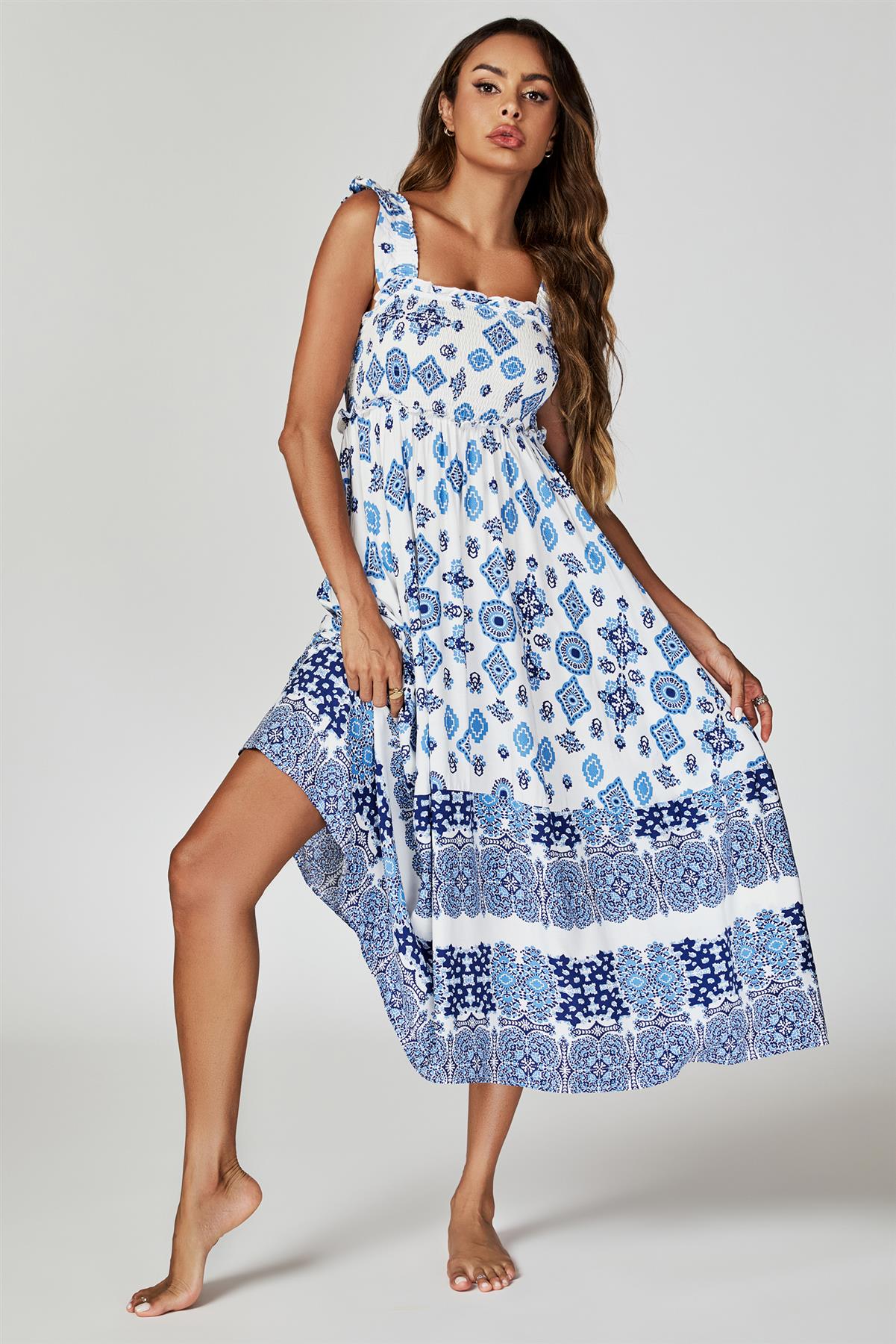 Blue Border Print Hem Detail Tiered Maxi Dress In White