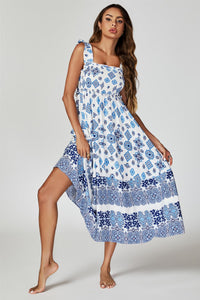 Blue Border Print Hem Detail Tiered Maxi Dress In White