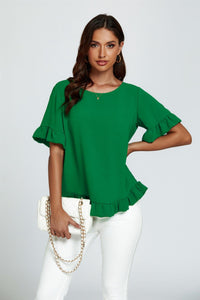Frill Detail Short Sleeves Top In Green
