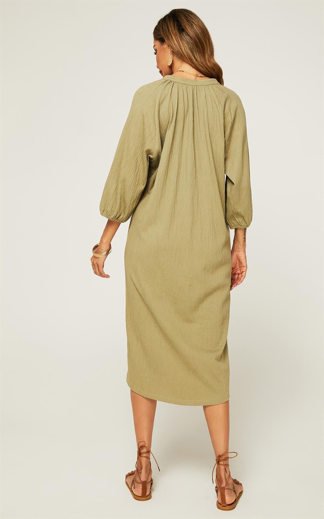 Smock Dress With Long Sleeves In Khaki Green