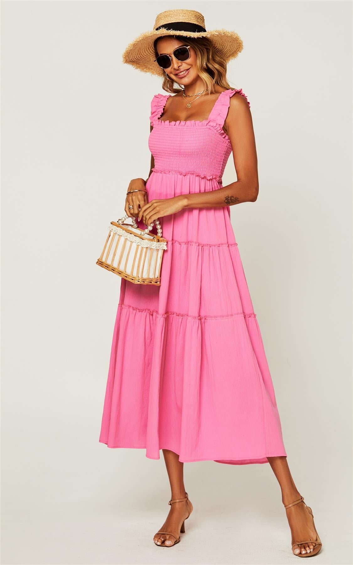 Hem Detail Tiered Maxi Dress In Fuchsia Pink