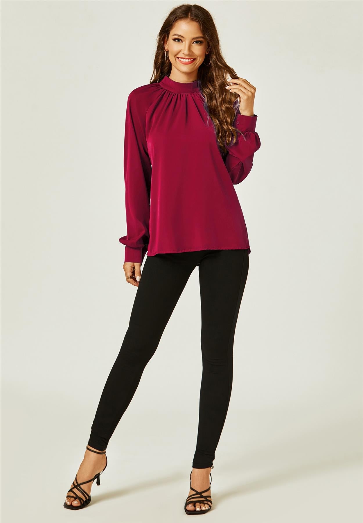 Halter Neck Long Sleeve Blouse Top In Wine Red