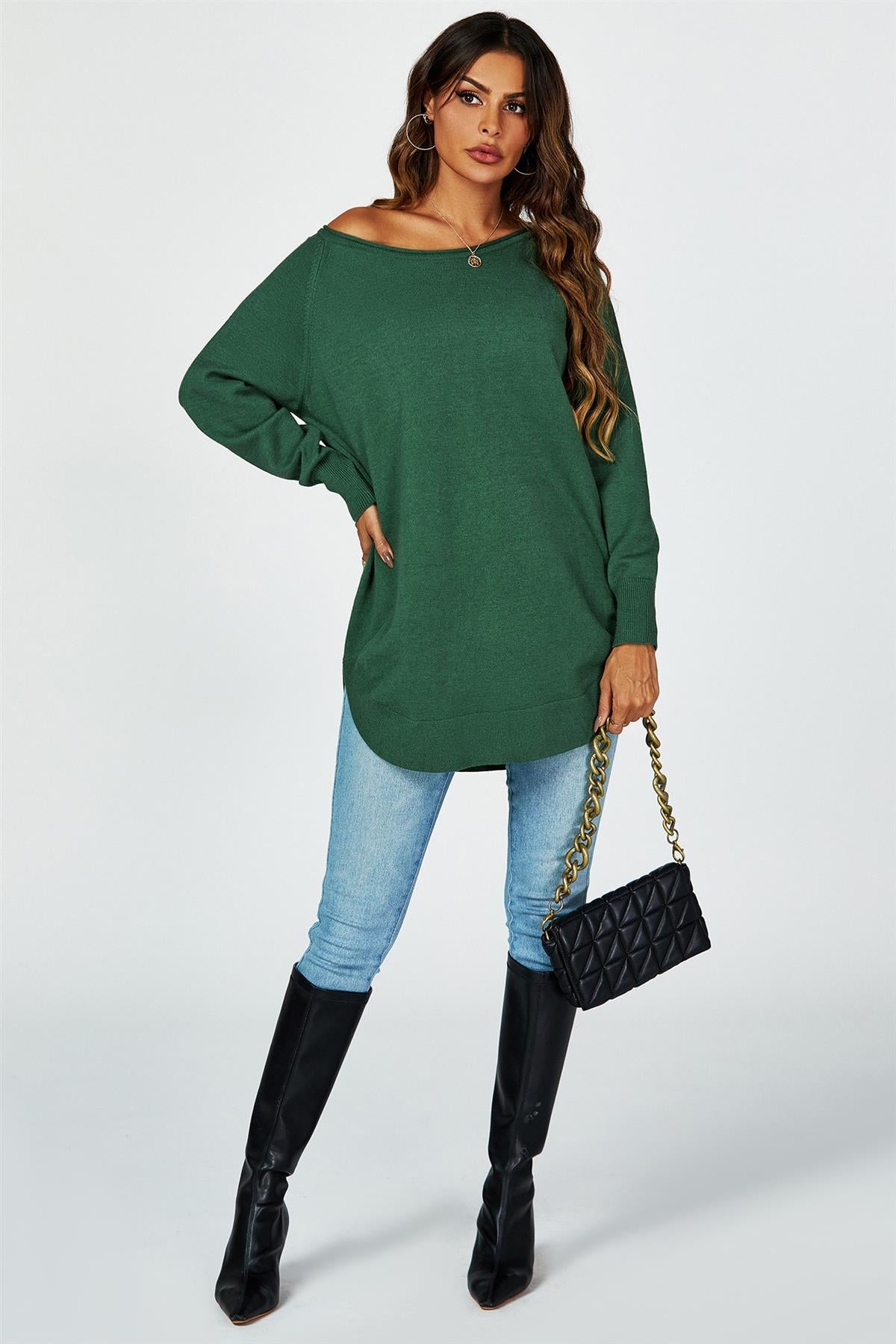 Oversize Knitted Jumper Top In Dark Green