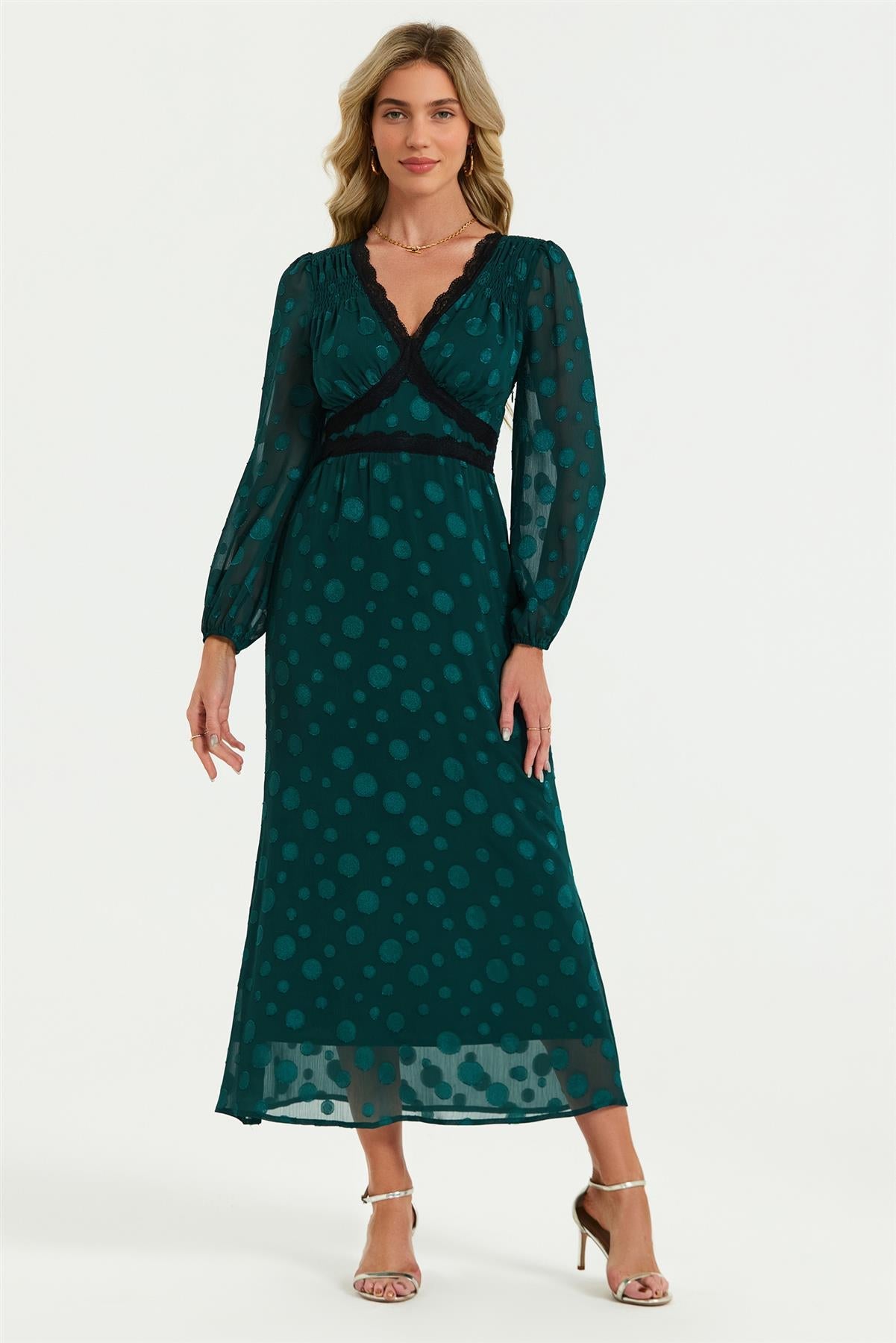 Long Sleeve Dot Jacquard Lace Trim Maxi Dress In Green