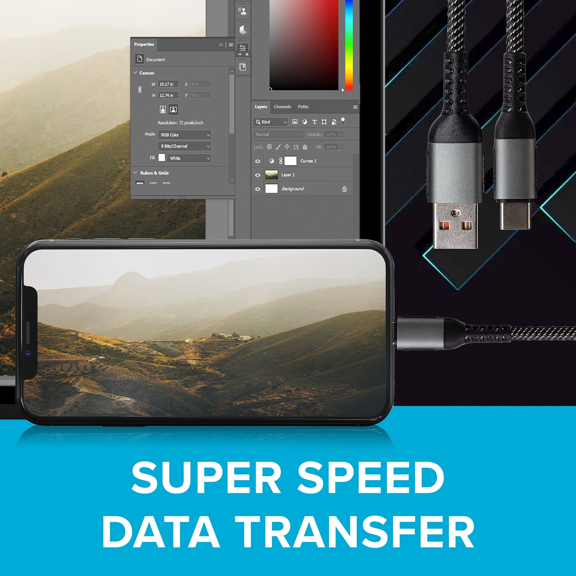 Maplin USB-C to USB-A 60W Braided Cable - Grey