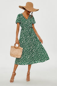 Geo Print Hem Tiered Wrap Midi Dress In Green