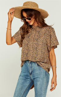Little Heart Print Angle Sleeve High Neck Top/Blouse In Beige