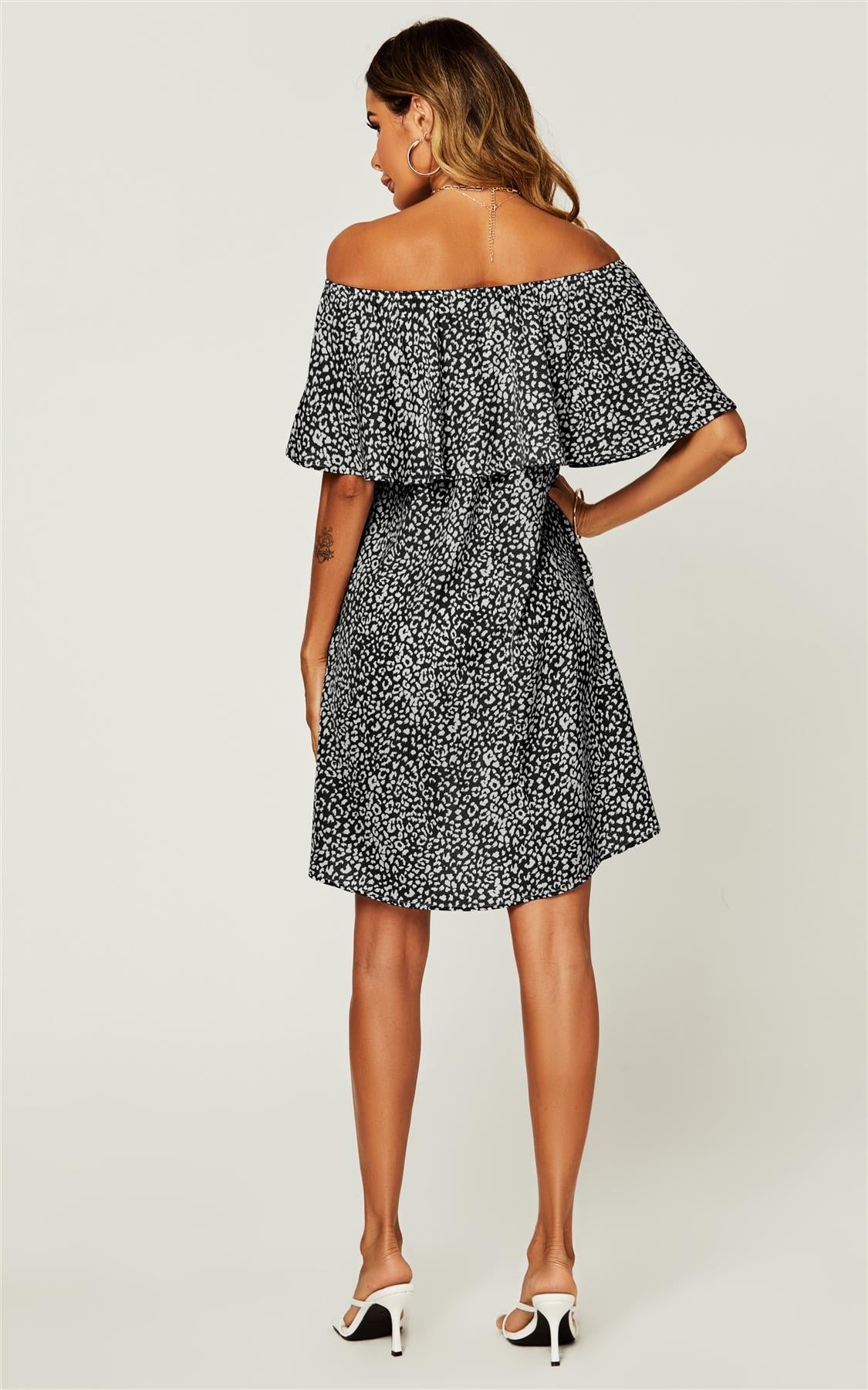 Leopard Print Bardot Frill Off Shoulder Mini Dress In Black