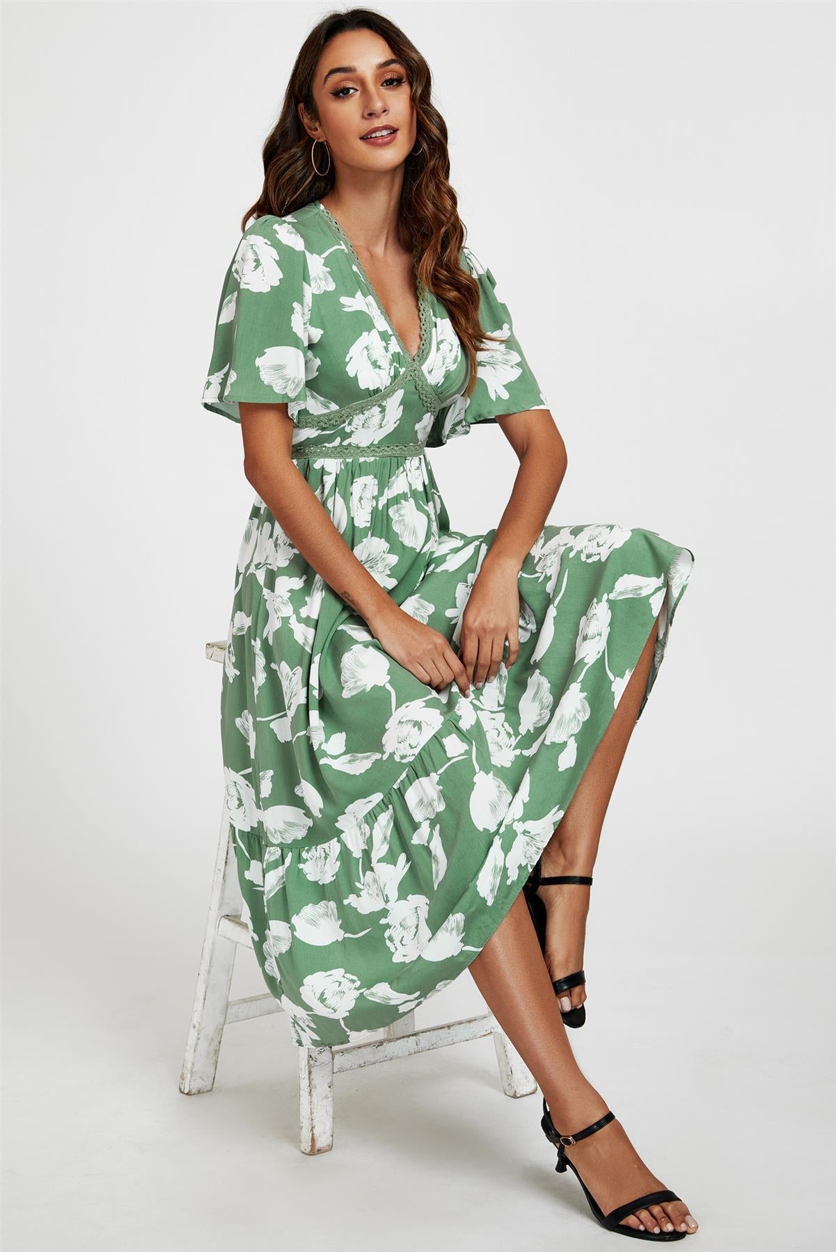 White Floral Print Lace Detail Angel Sleeve Midi Dress In Green