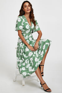White Floral Print Lace Detail Angel Sleeve Midi Dress In Green