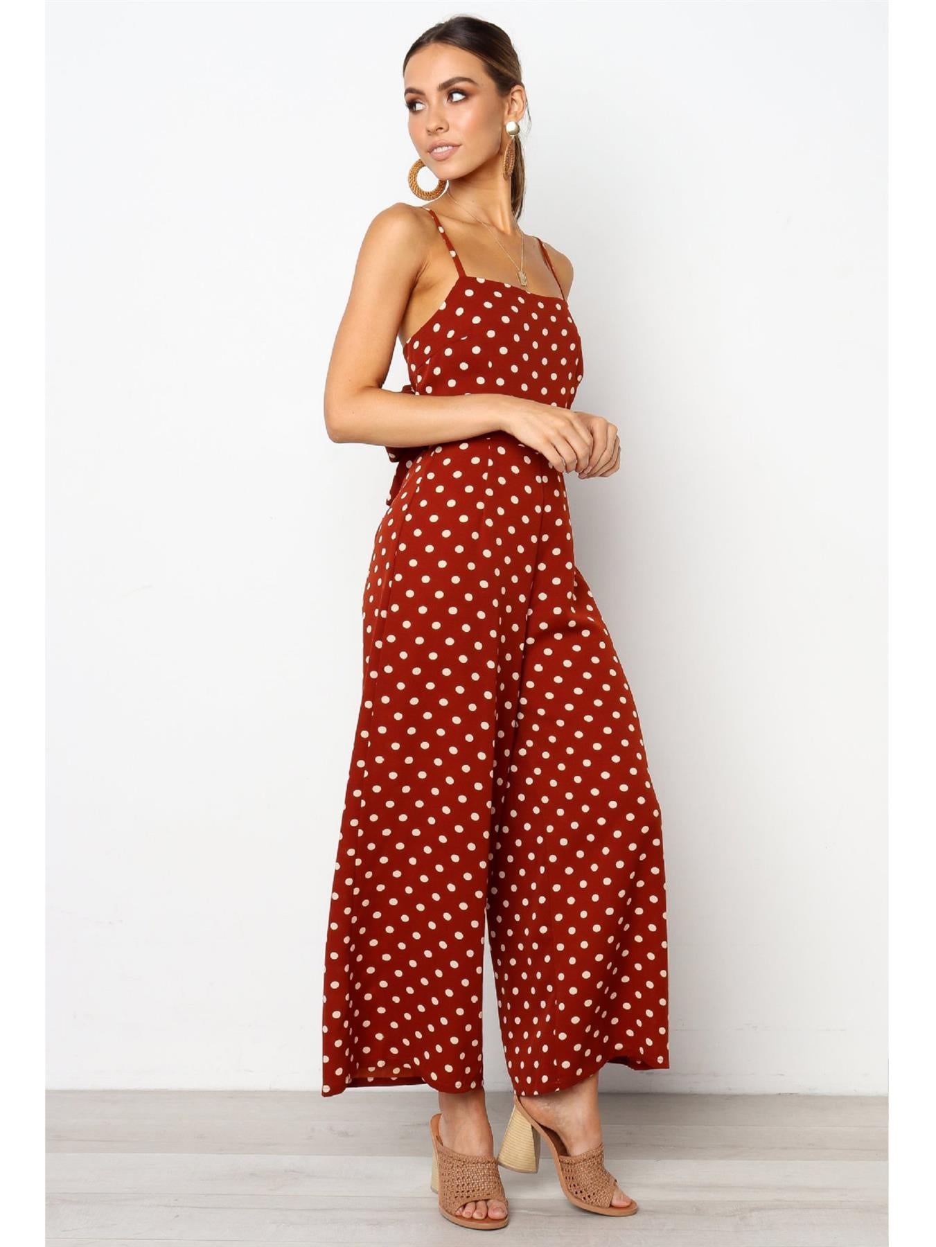 Tie Back Culotte Jumpsuit In Wine Polka dot