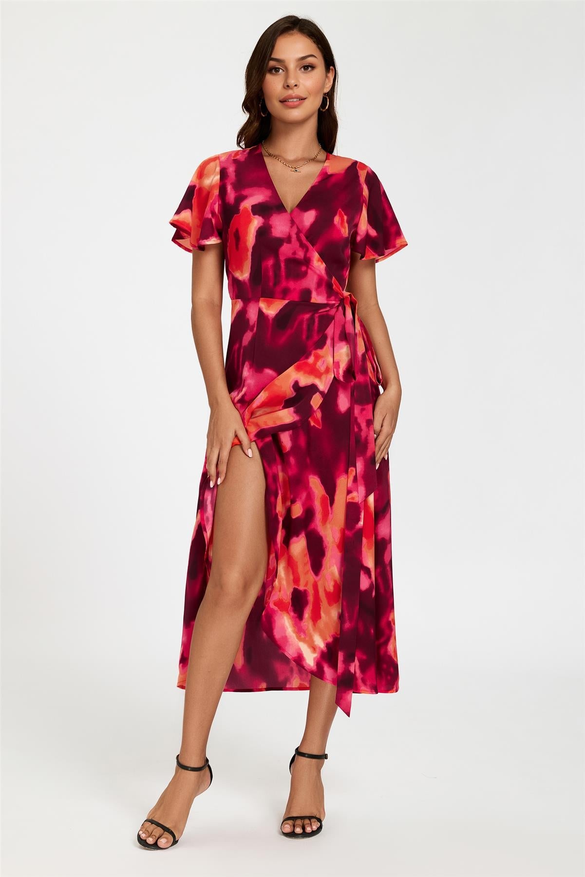 Abstract Print Wrap Maxi Dress In Burgundy