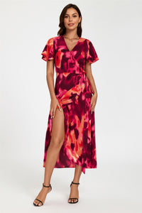 Abstract Print Wrap Maxi Dress In Burgundy