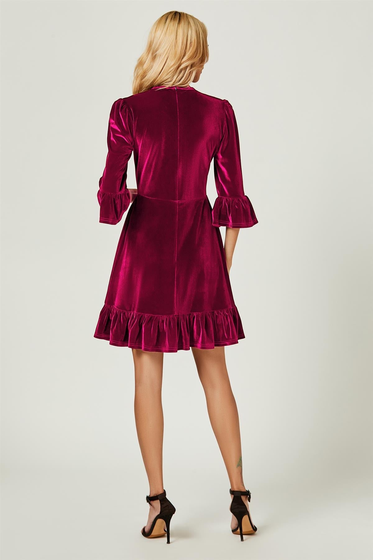 Velvet Frill Detail Mini Dress In Violet